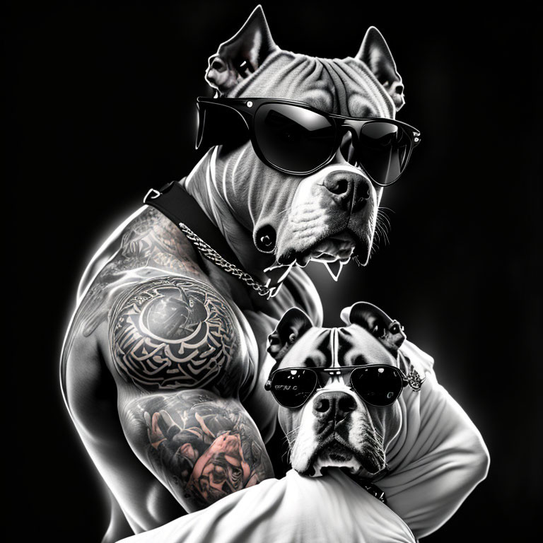 Muscular Dogs with Sunglasses and Tattoos on Dark Background