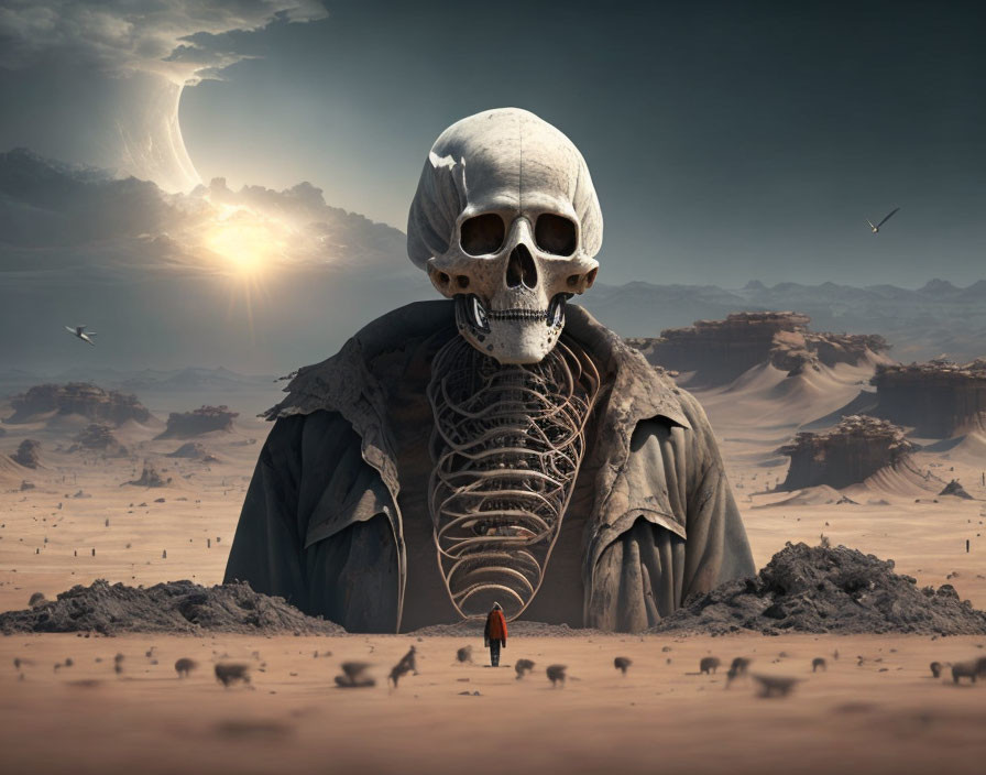 Person in red cloak faces gigantic skull in surreal desert landscape