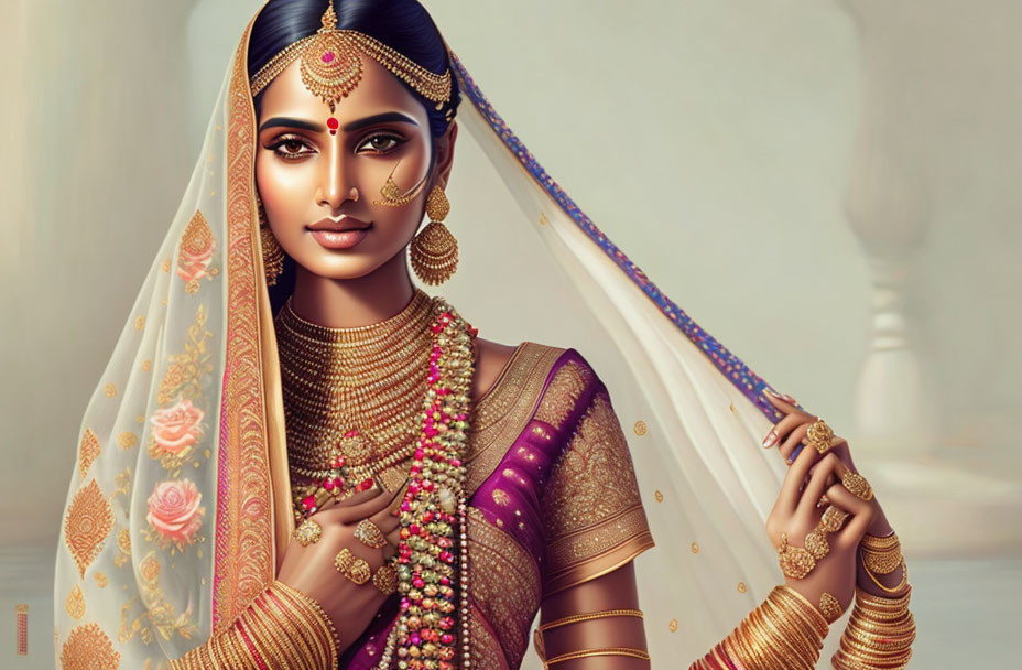 Detailed Illustration of Woman in Traditional Indian Bridal Attire