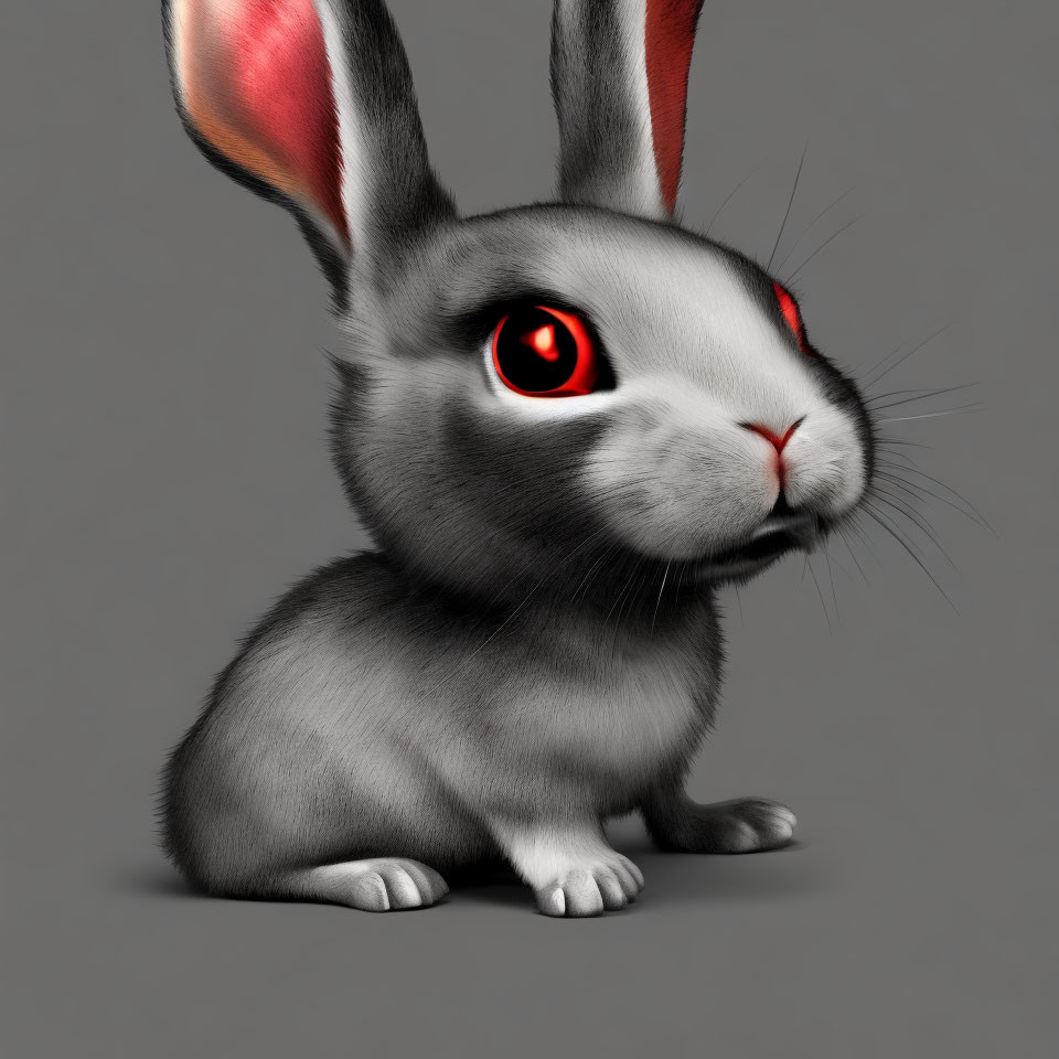 Grey Rabbit with Striking Red Eyes and Long Ears on Plain Background