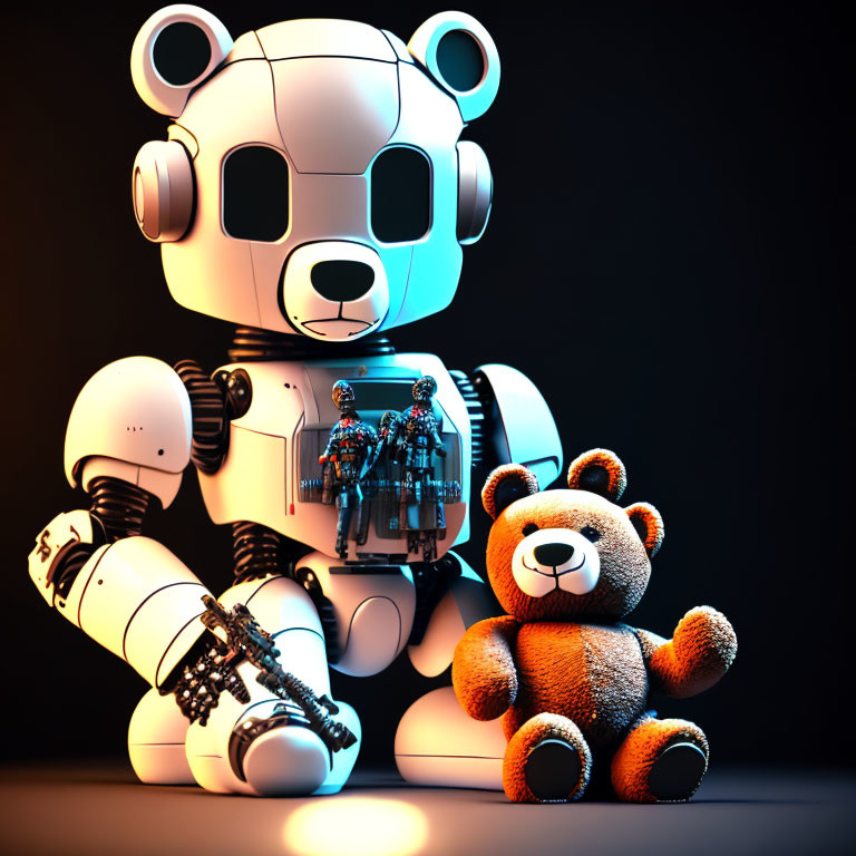 Large Mechanical Bear with Exposed Joints Next to Plush Teddy Bear