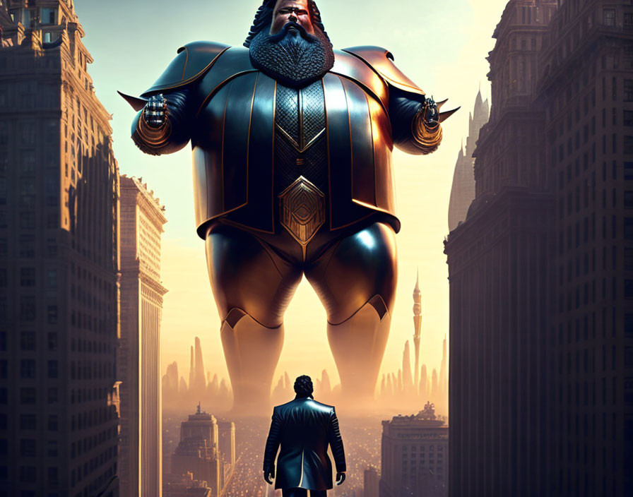 Man in suit gazes at towering armored figure in golden-lit cityscape