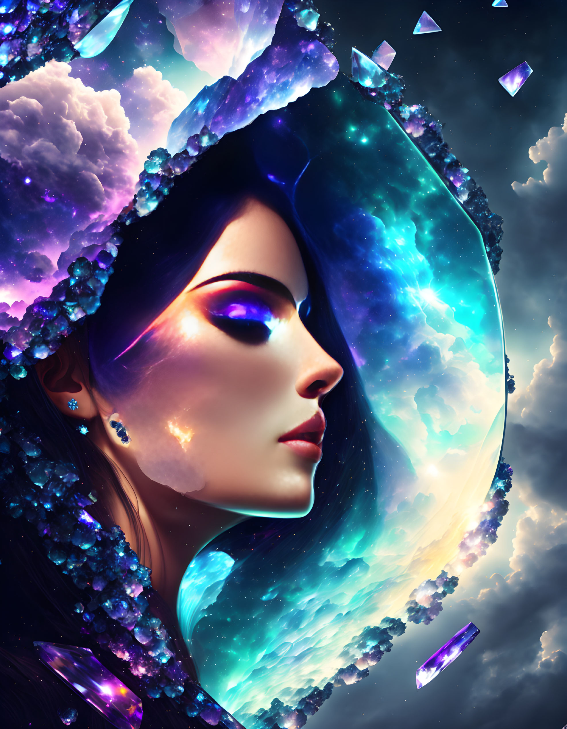 Digital artwork: Woman's profile with cosmic elements, vibrant clouds, floating crystals, celestial backdrop