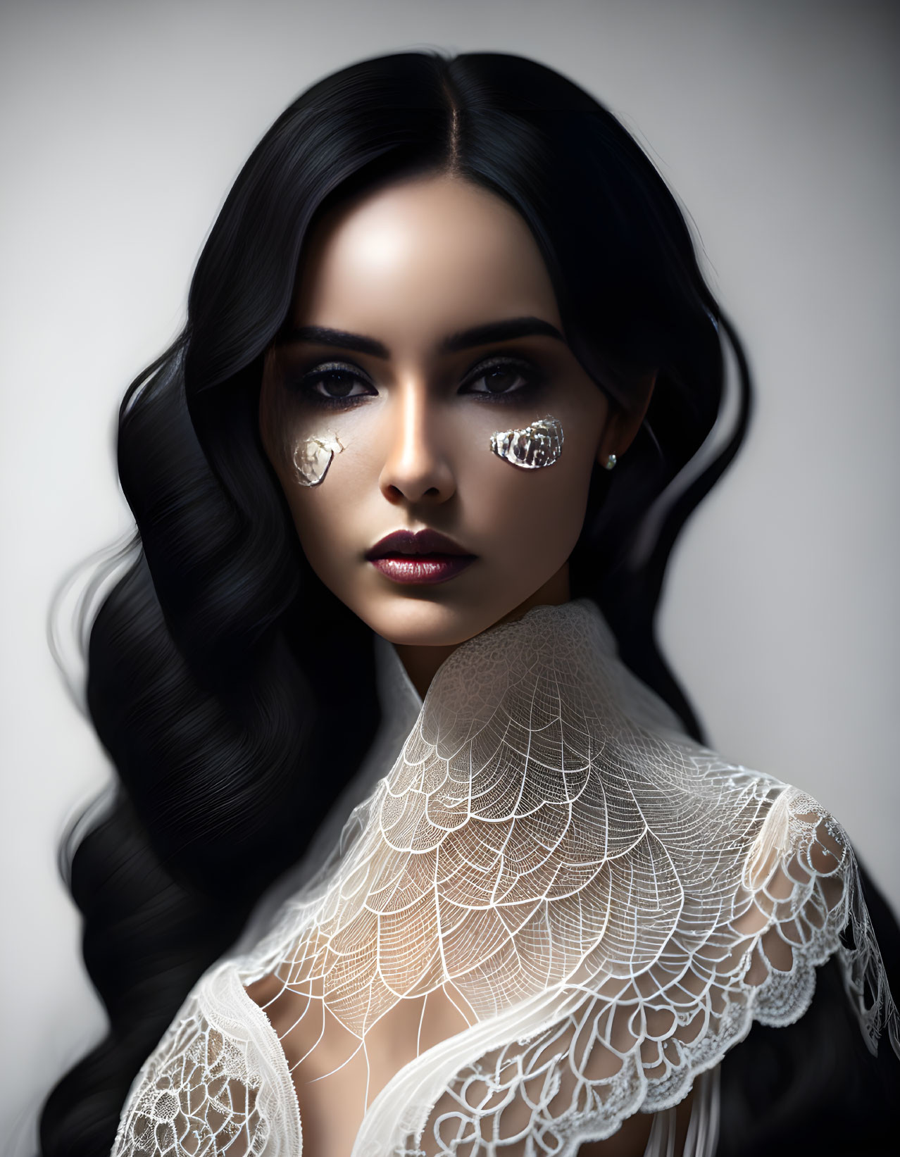 Detailed digital portrait of woman with dark hair and crystal tears