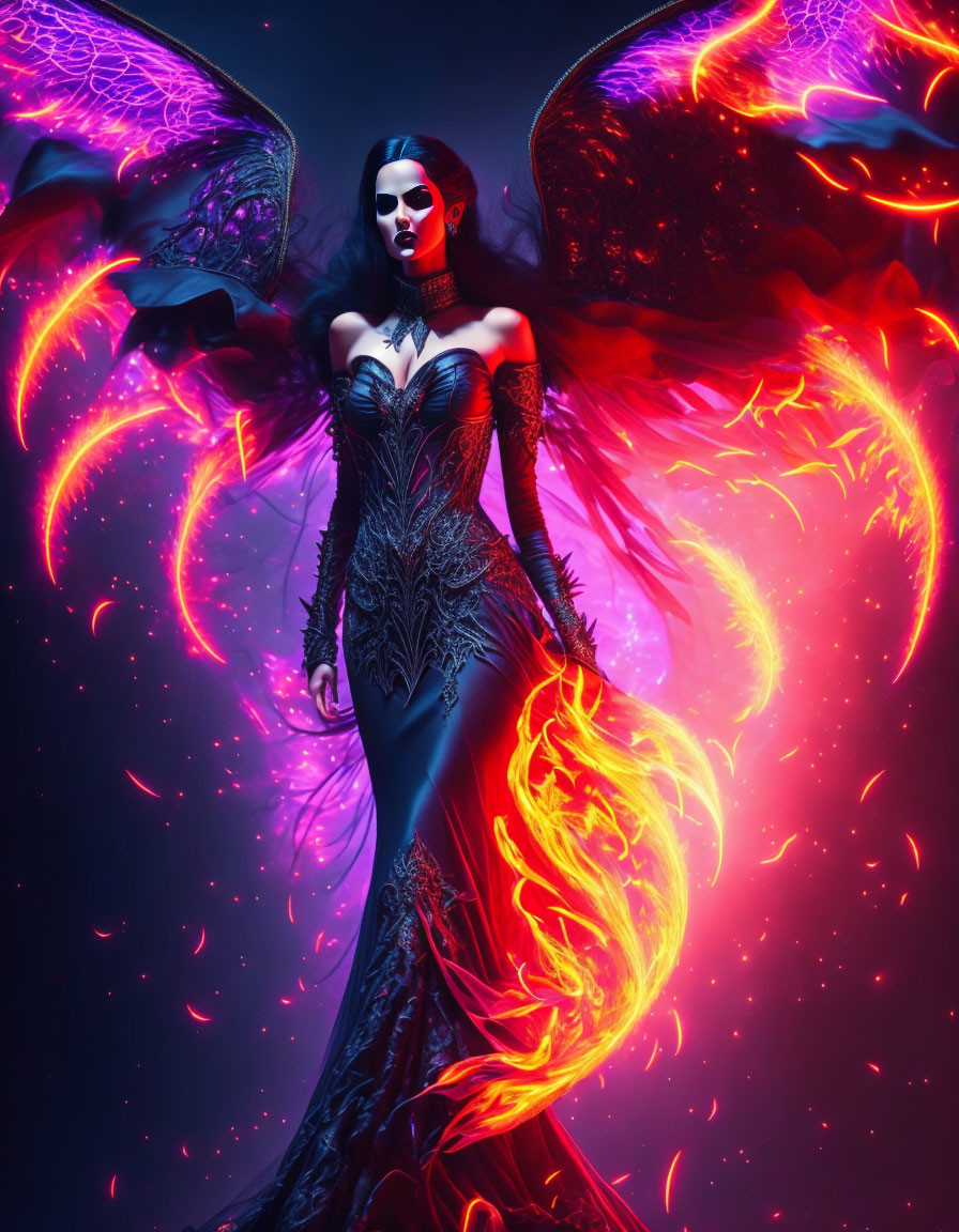 Woman in dark ornate dress with fiery wings on mystical blue background