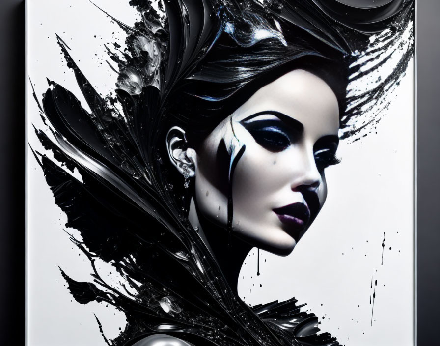 Woman with Dramatic Black Makeup and Abstract Feather-Like Strokes