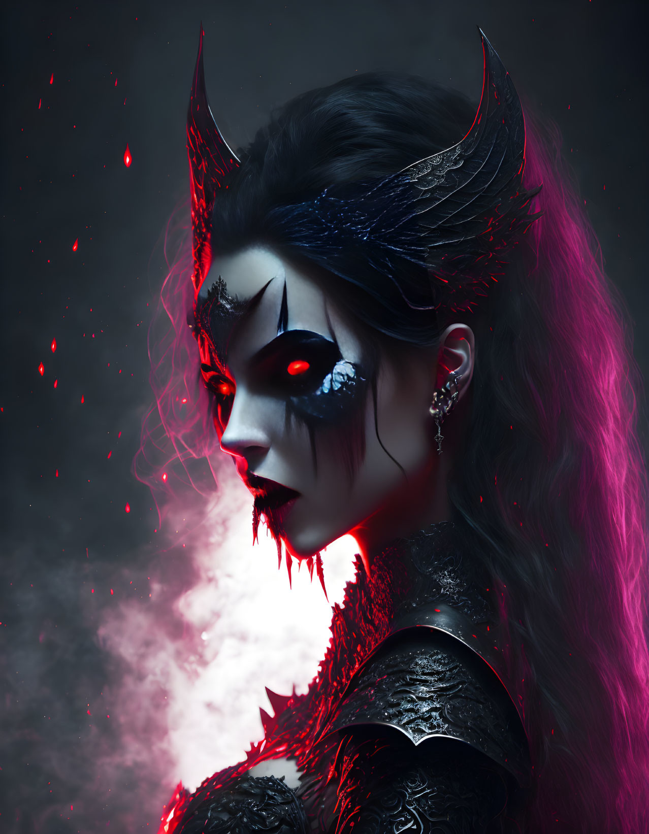 Gothic fantasy female character with horned headwear and red eyes