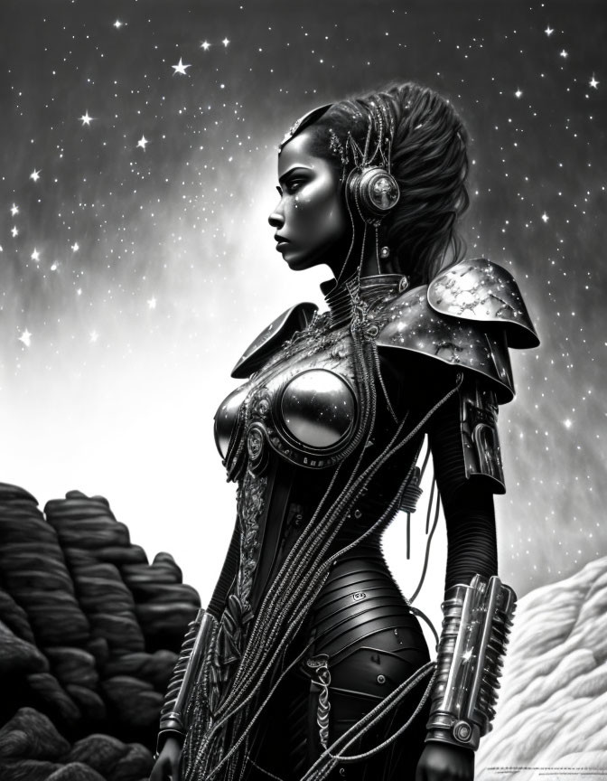 Monochrome digital artwork of woman in futuristic armor against starry sky.