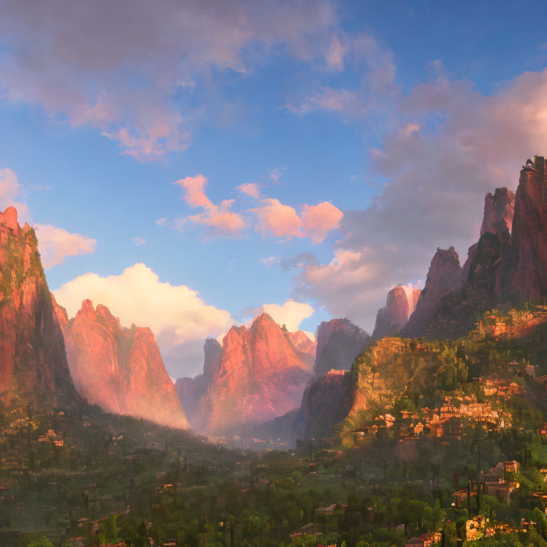 Scenic sunset over rugged mountain landscape with greenery and mist