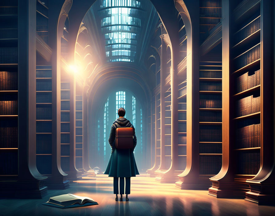 Person in grand library with towering bookshelves and sunlight.