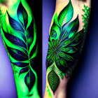 Colorful arm tattoo with glowing green leaves and stylized woman in ornate headdress.