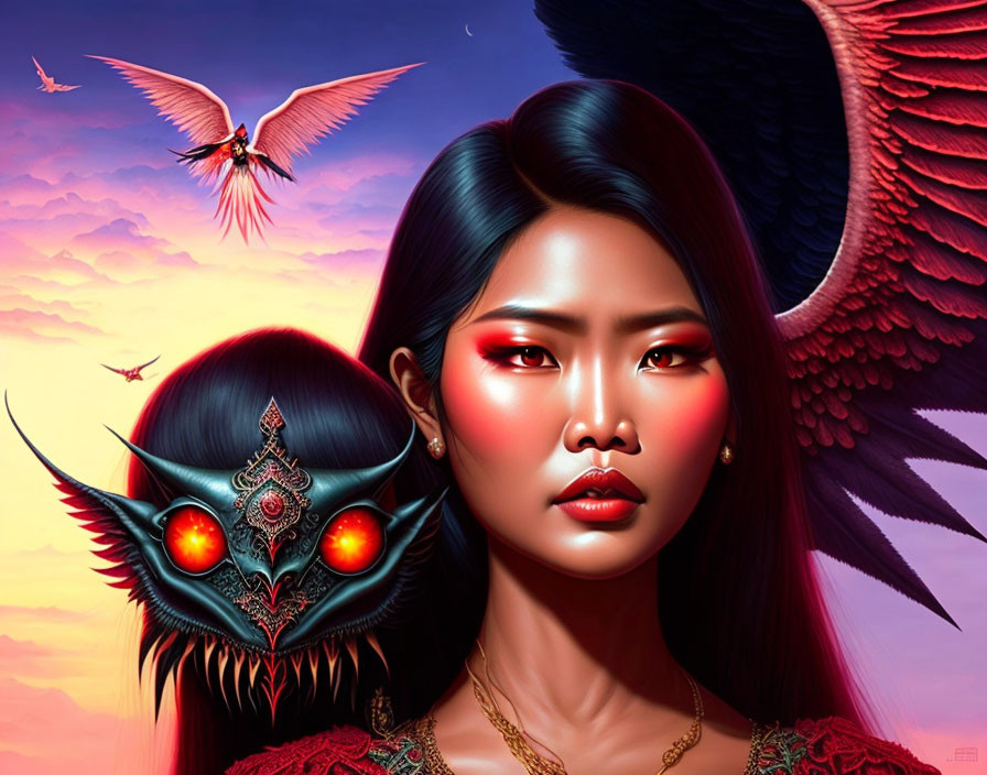 Digital artwork: Woman with red makeup and winged creature in surreal sky