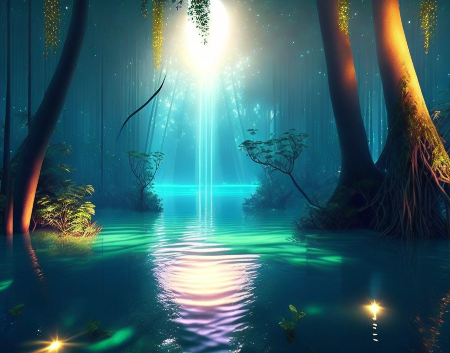 Mystical forest with luminous blue water and towering trees