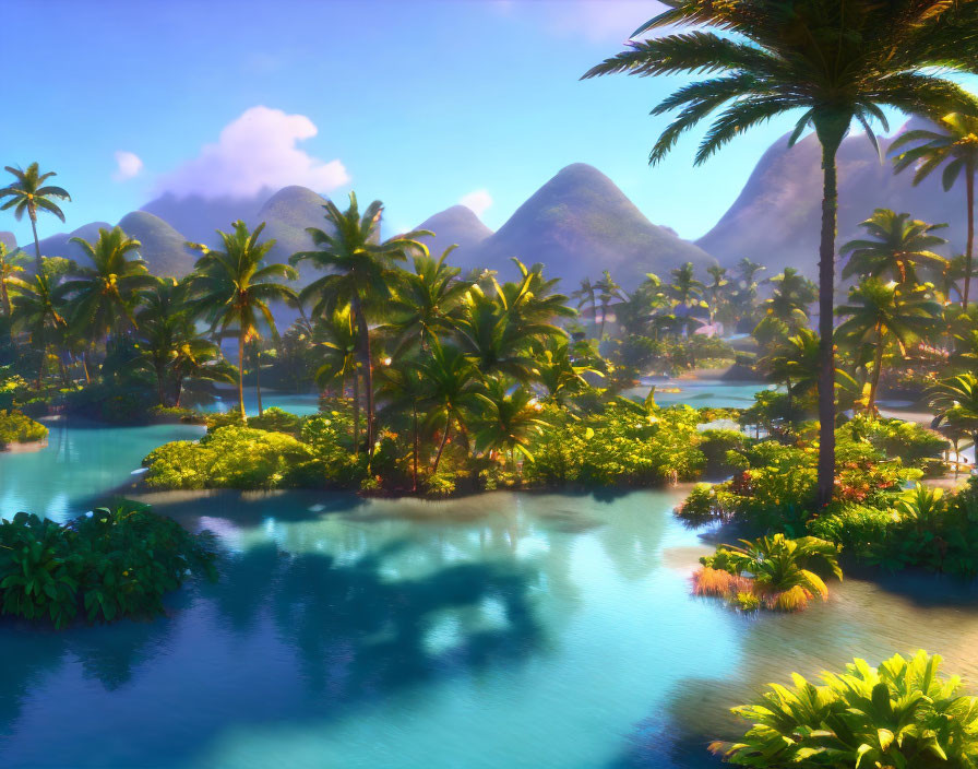 Tropical Landscape with Palm Trees, Clear Waters, and Mountains