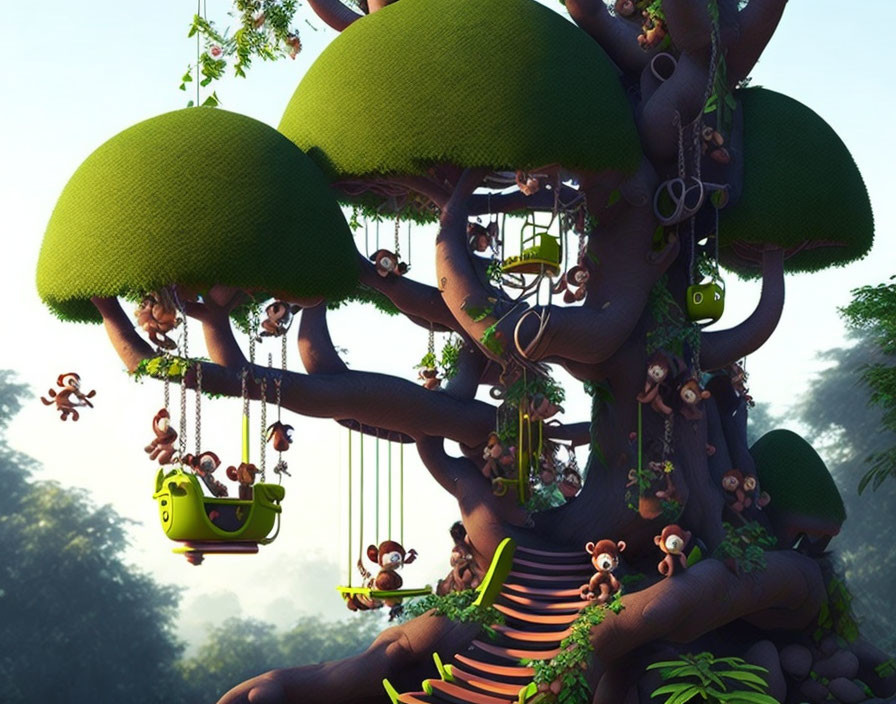 Whimsical tree with green foliage, treehouses, swinging monkeys