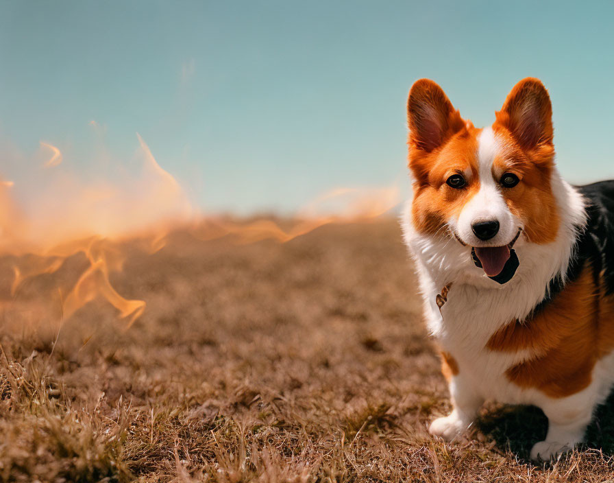 Cheerful Pembroke Welsh Corgi in Sunny Field with Soft Flames