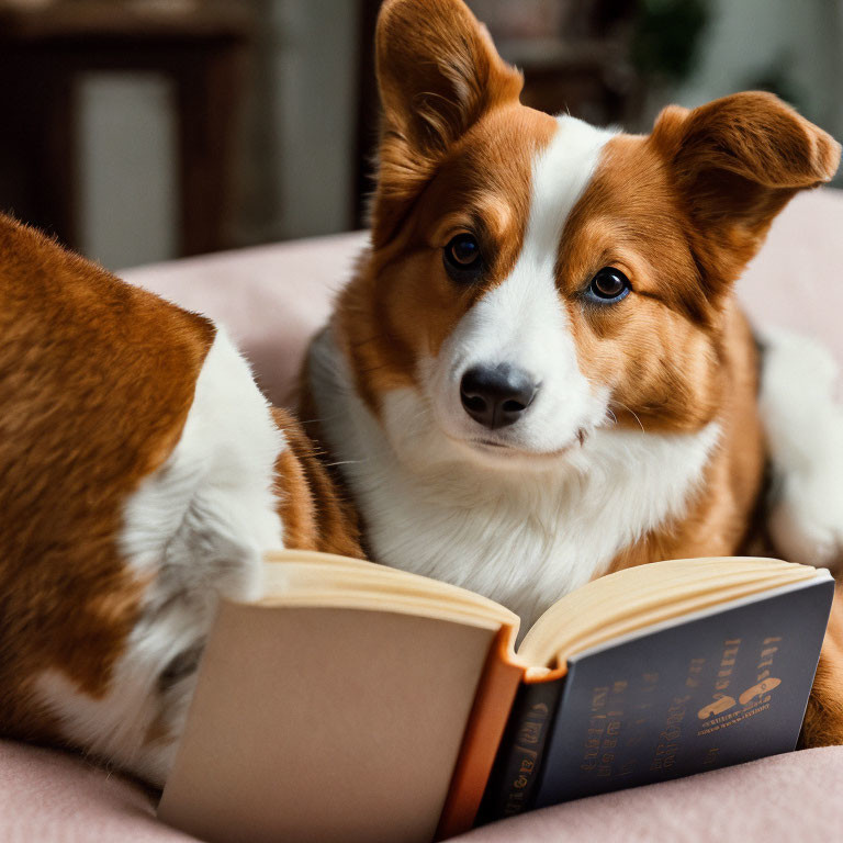 Brown and White Corgi Dog with Open Book, Focused Expression