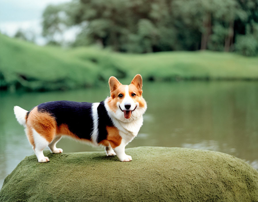 Tricolor Pembroke Welsh Corgi on Mossy Rock by Pond