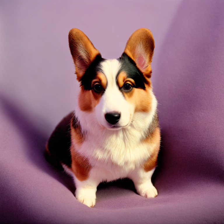 Tricolor Pembroke Welsh Corgi sitting on purple backdrop