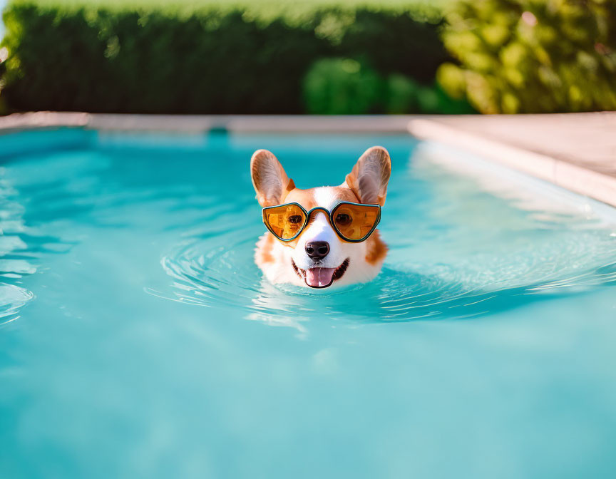 Smiling corgi in sunglasses swimming in sunny pool