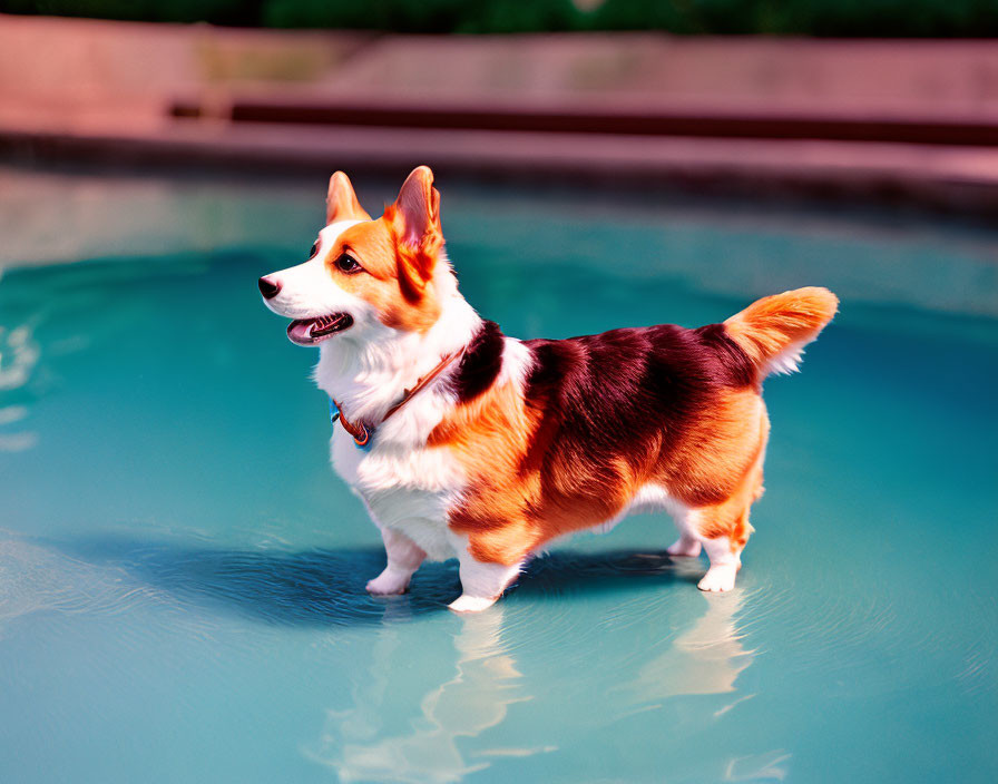 Tricolor Corgi Standing in Shallow Water Reflecting Fur