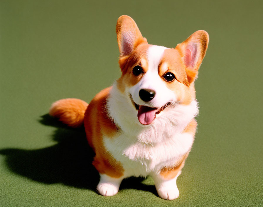 Tan and White Pembroke Welsh Corgi Smiling on Green Background