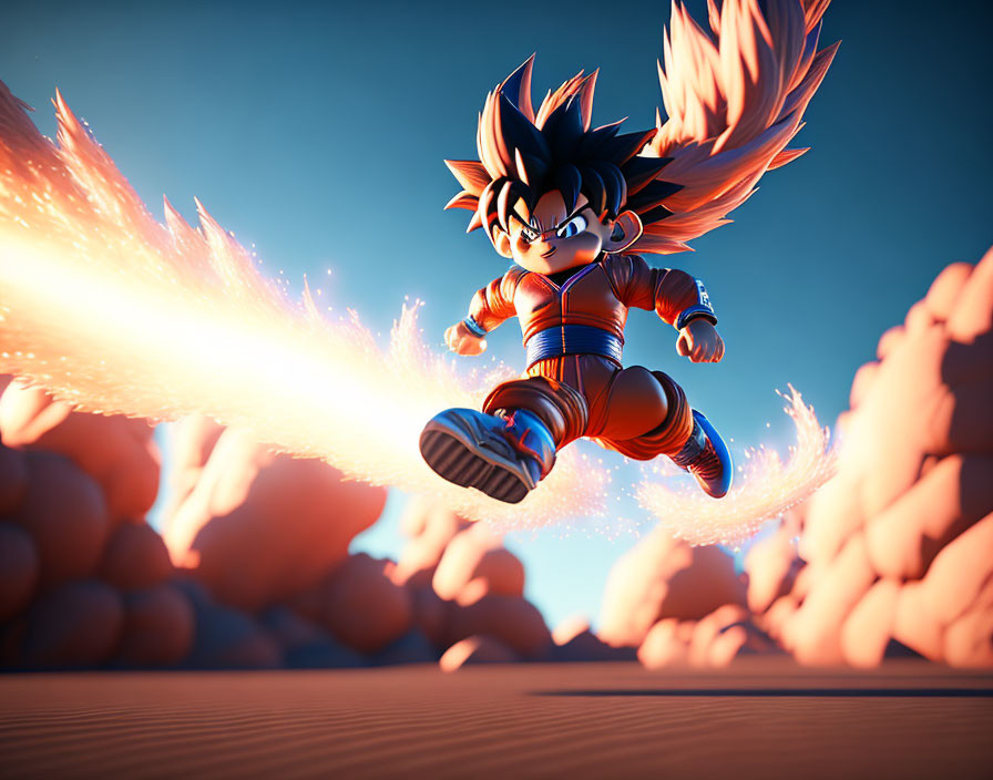 Spiky-haired animated character shooting energy beam in sky