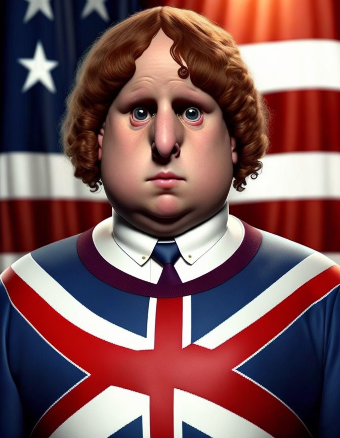 Curly-Haired Character in UK Shirt with US Flag Background