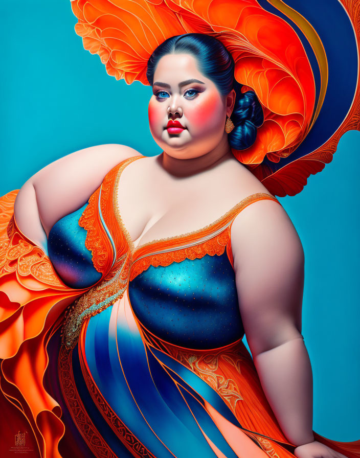 Surreal portrait of a woman with stylized makeup and vibrant gown