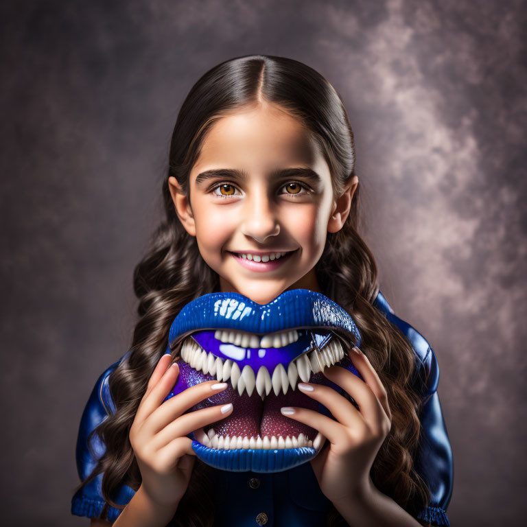 Smiling girl holding large cartoonish blue lips on textured backdrop