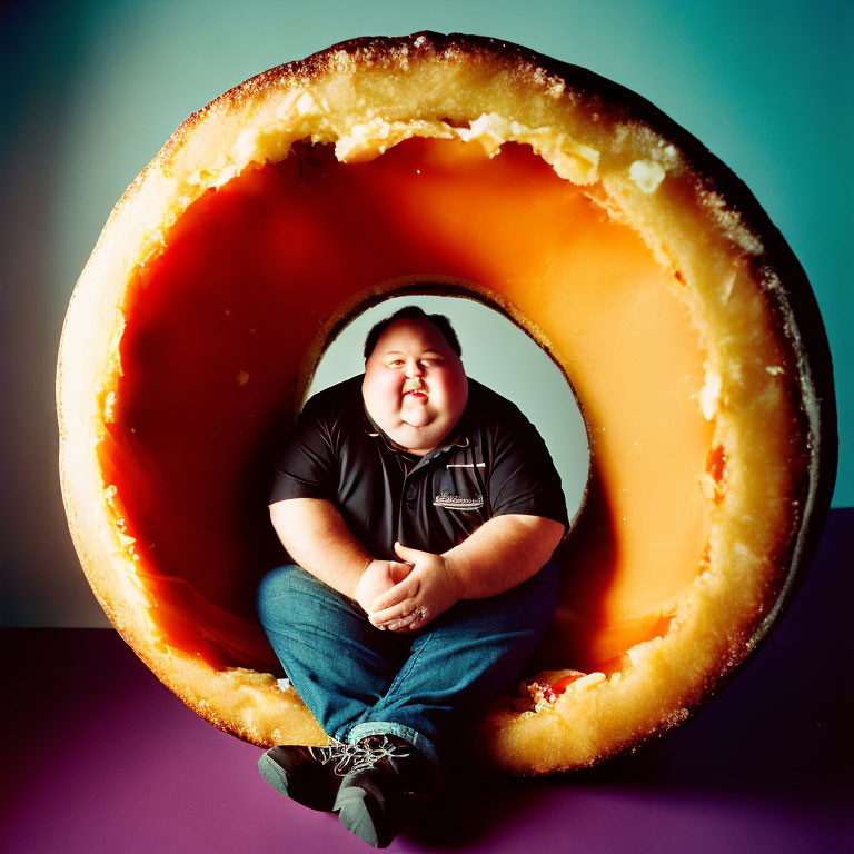 Cross-legged person with bitten donut on gradient background