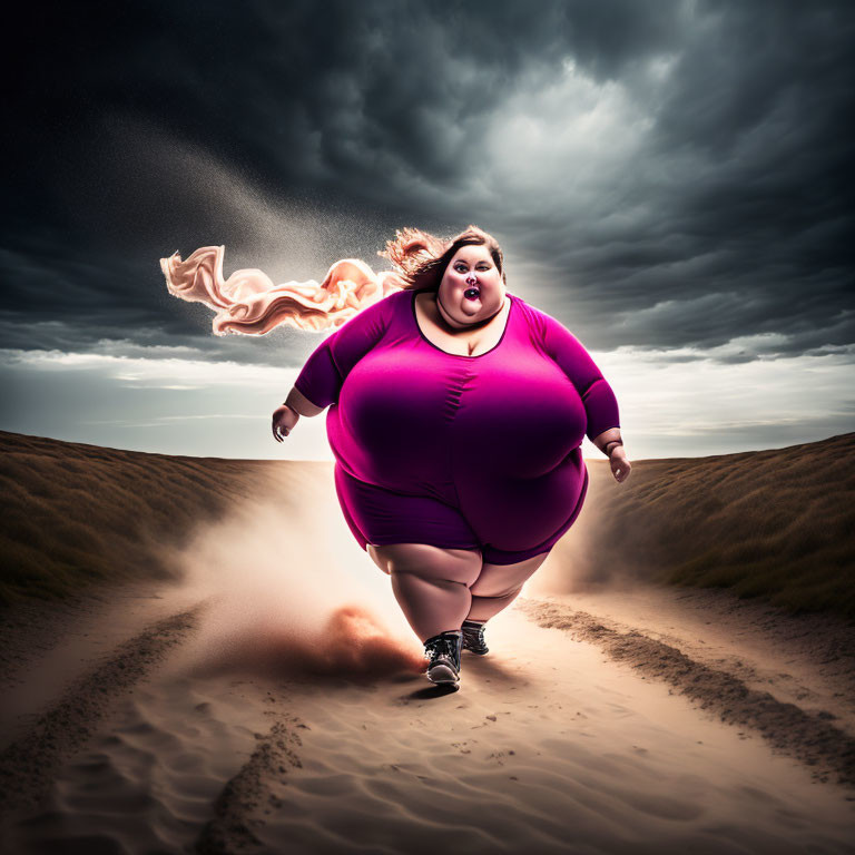 Overweight woman running on sandy path under dramatic sky