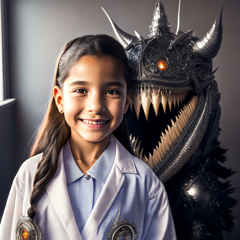 Young girl with ponytail and armored creature with glowing eyes.