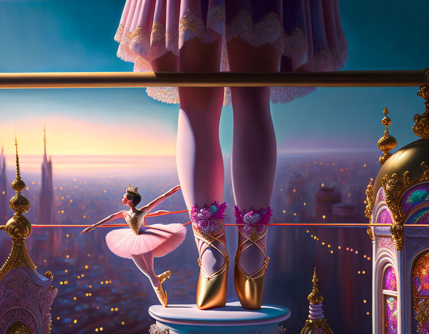 Ballerina figurine with elegant shoes on balcony ledge at sunset