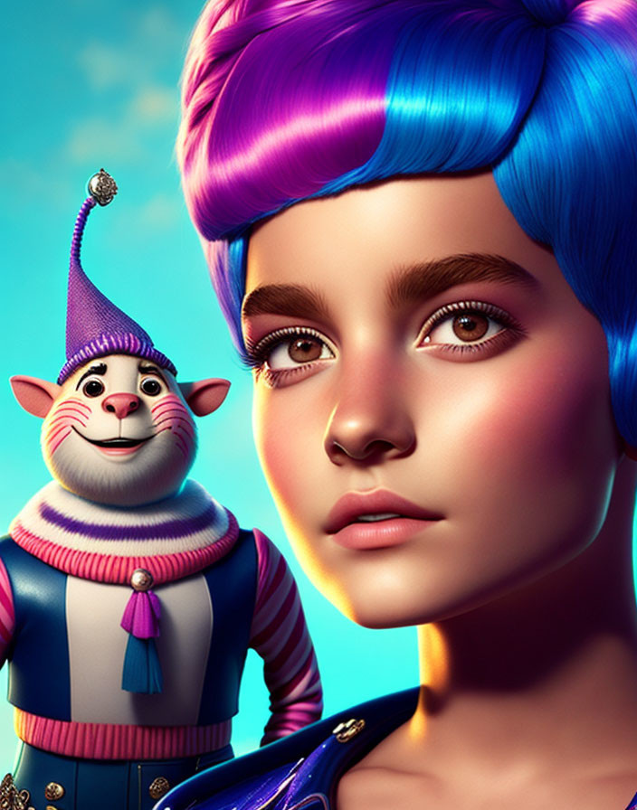 Blue-haired girl and whimsical jester cat in colorful scene