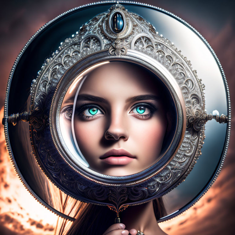 Ornate circular metallic design with blue gemstone framing woman's face