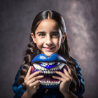 Smiling girl holding large cartoonish blue lips on textured backdrop