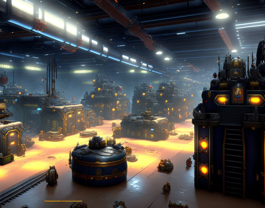 Futuristic industrial interior with orange floors and power armor figures