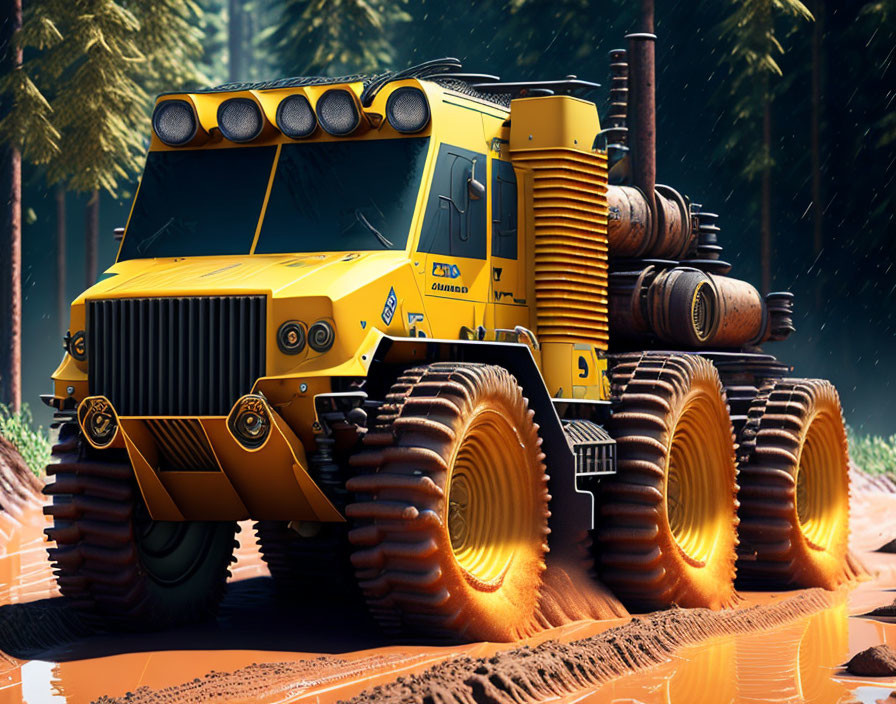 Yellow Six-Wheeled Off-Road Vehicle with Rugged Tires and Roof Lights