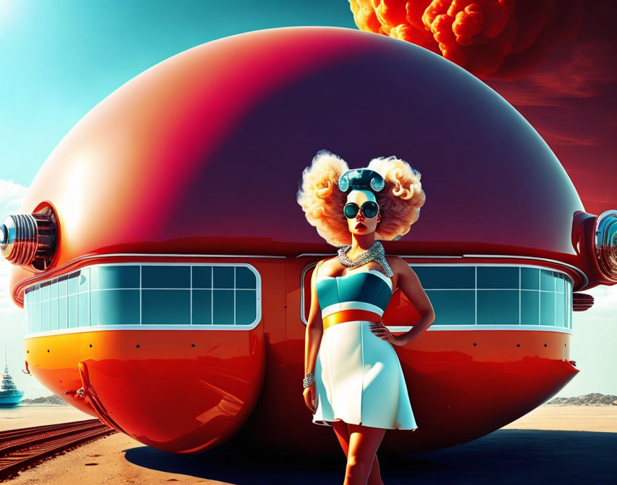 Woman in retro-futuristic attire with spaceship and explosion in vivid skies