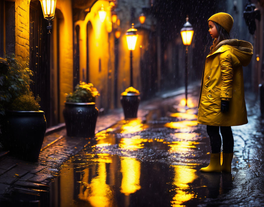 Person in Yellow Raincoat Stands on Wet Cobblestone Alley at Night