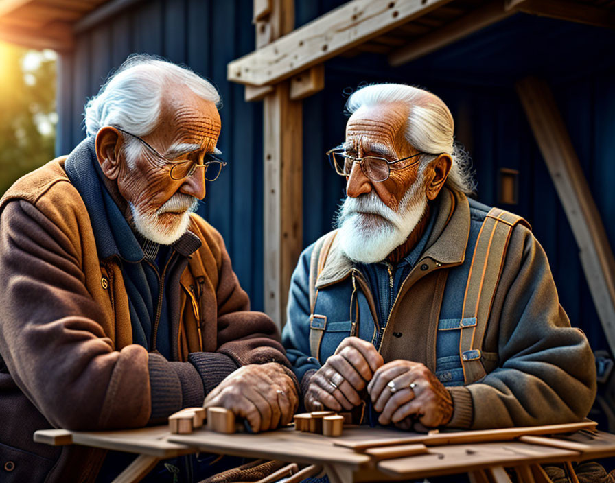 Elderly Men with White Beards Playing Board Game in Rustic Setting