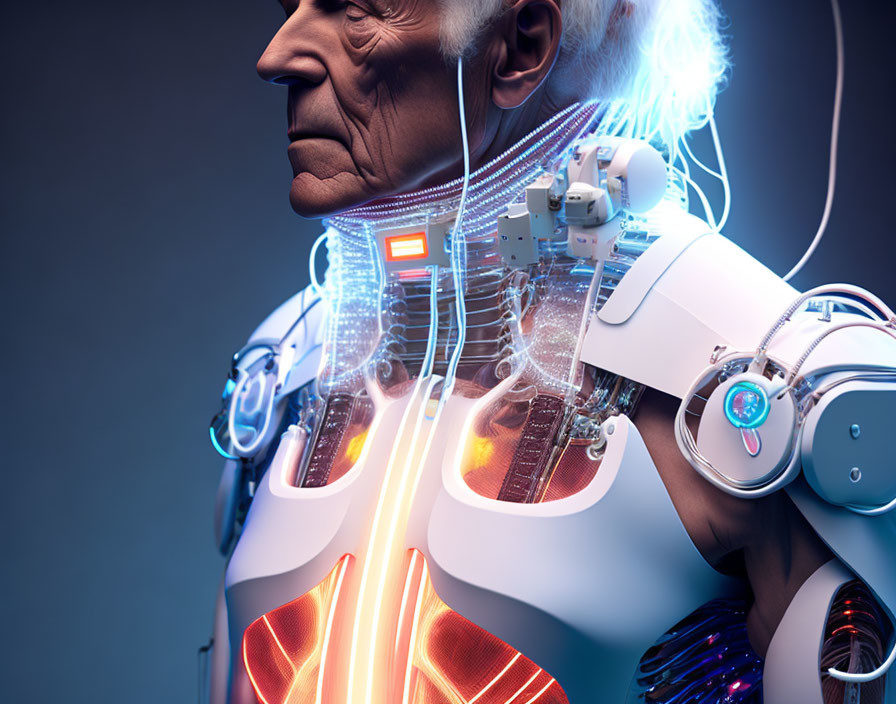 Elderly man transforming into futuristic robotic body