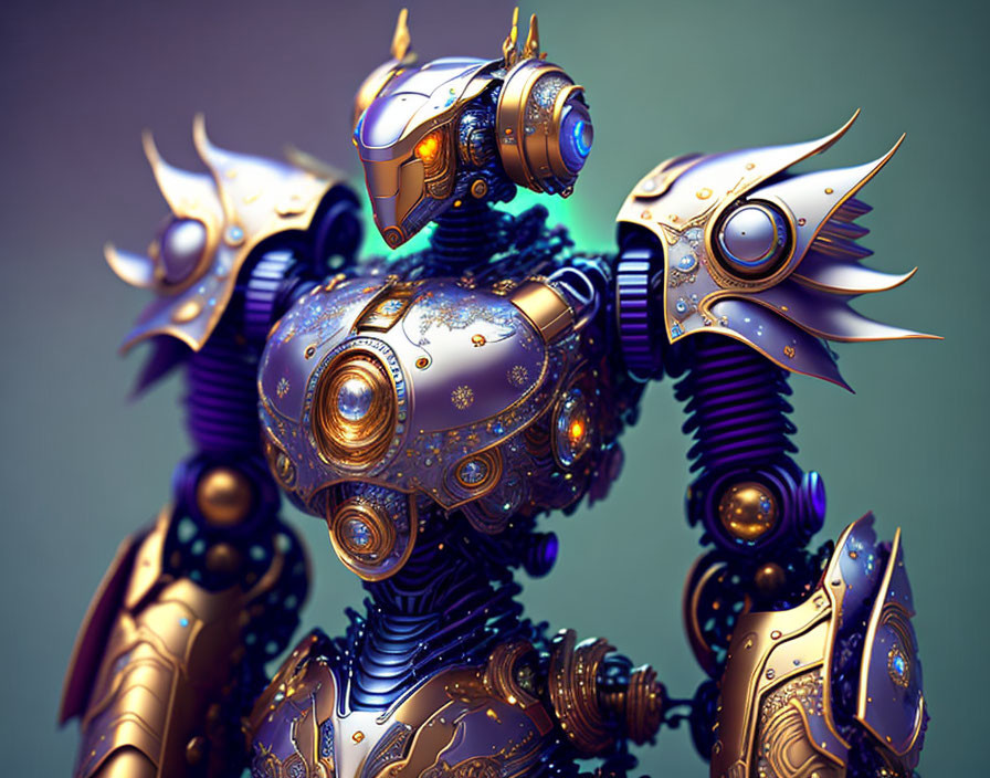 Detailed Ornate Robotic Figure with Golden and Purple Accents