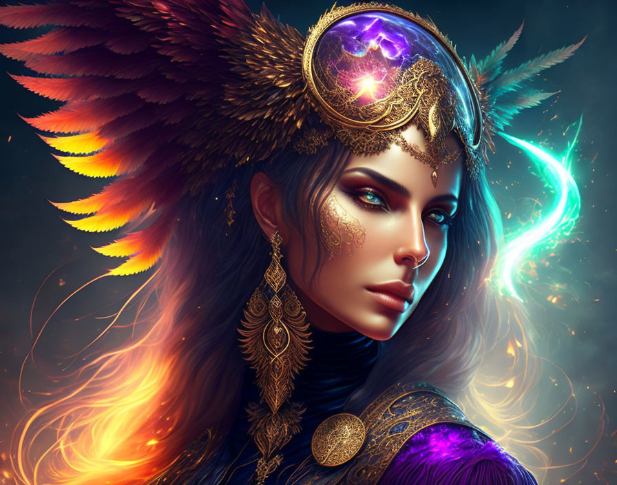 Fantasy portrait of woman with gold jewelry, feathered headdress, and glowing orb.