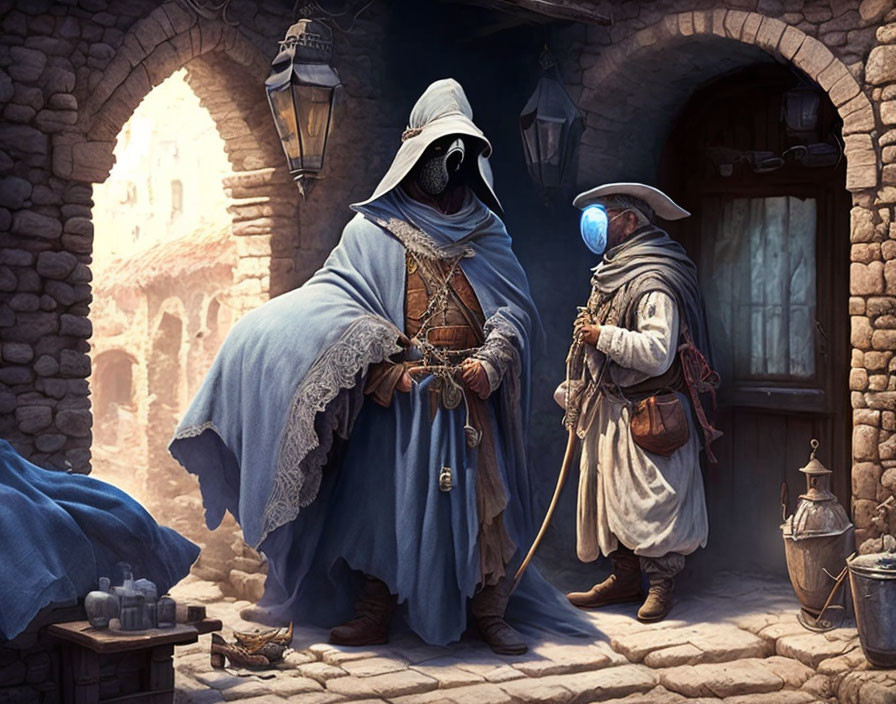 Hooded fantasy characters in medieval stone alley with pottery and lantern