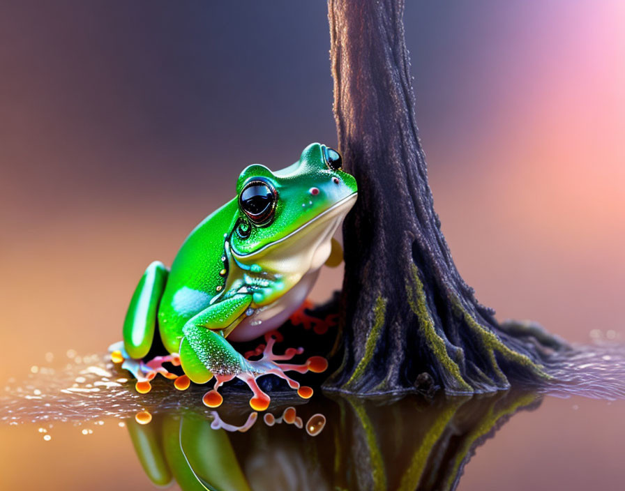 Vibrant green tree frog on twig above reflective water surface