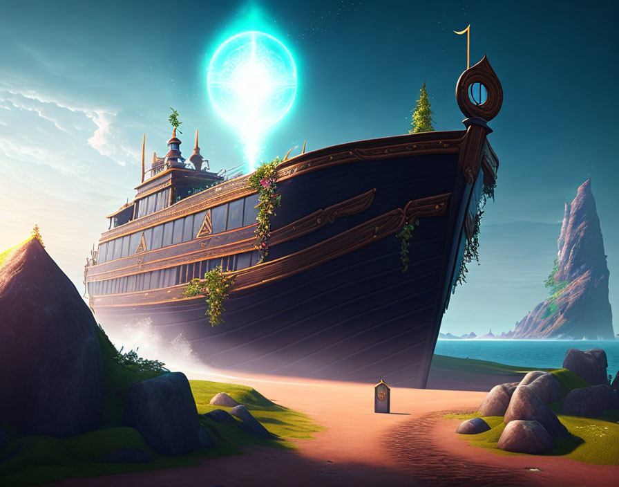 Beached ship with architectural structures near mystic portal at dusk