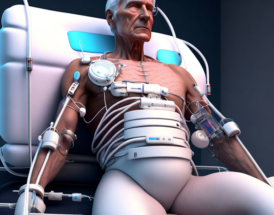 Realistic 3D illustration: Elderly male with futuristic medical devices reclining in high-tech chair