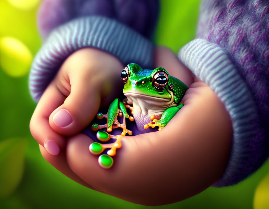 Colorful frog with orange toes held in hands